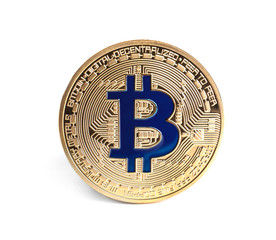 Golden bitcoin on white background
