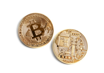 Golden bitcoins on white background