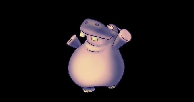 A cartoon chubby hippopotamus looping walk cycle with lighting. It is hand drawn animation on 2's at 12 frames per second and doubled to 24 for a traditional look. Features an alpha channel.