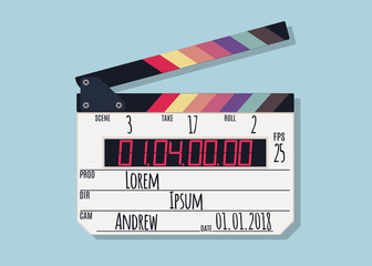 Naklejka premium Clapper board isolated on blue background. Clapper board with LED display, filmmaking device. Vector illustration