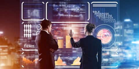Concept of partnership and cooperation with people using virtual interface