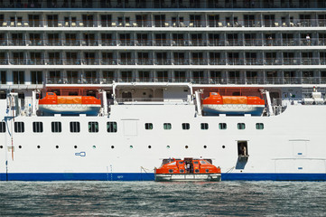 Descent of lifeboats to water from an ocean liner