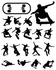 Black silhouettes of skate jumpers on a white background - obrazy, fototapety, plakaty