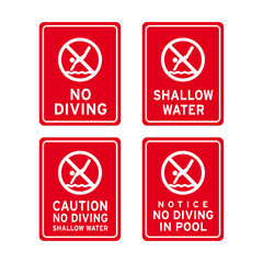 No diving dive plunge duck nosedive shallow water pool sign set