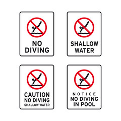 No diving dive plunge duck nosedive shallow water pool sign set