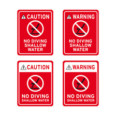 No diving dive plunge duck nosedive shallow water pool sign set
