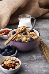 Oat flakes with milk, honey, blueberries, raspberries and nuts.