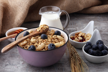 Oat flakes with milk, honey, blueberries, raspberries and nuts.