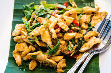 Spicy fried chicken fillet with curry and chili, Asian cuisine