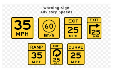 Road sign. Warning. Advisory Speeds.  Vector illustration on transparent background
