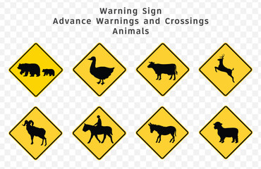 Road sign. Warning. Advance Warnings and Crossings. Animals.  Vector illustration on transparent background