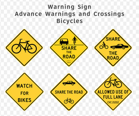 Road sign. Warning. Advance Warnings and Crossings. Bicycles.  Vector illustration on transparent background