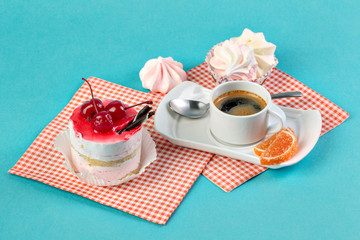 Cake, cups with coffee, cookies on a bright background