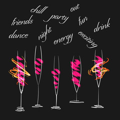 Party drinks in white glasses on black background, with related text elements, isolated vector illustration - 185693017
