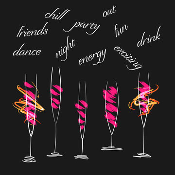 Party drinks in white glasses on black background, with related text elements, isolated vector illustration