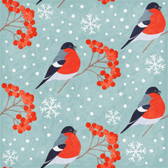 Winter vintage seamless pattern with bullfinch, rowan and snowflakes on gray background. Shabby texture. Vector illustration