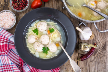 Chicken soup with vermicelli and meatballs