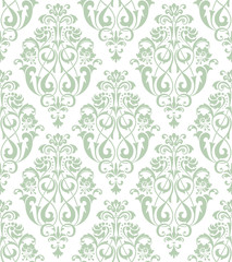 Floral pattern. Wallpaper baroque, damask. Seamless vector background. Green and white ornament.