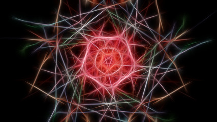 Abstract background, neon light stripes over dark. Fractal silk symmetry series