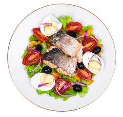 Fototapeta na wymiar Tasty vegetable salad with canned fish