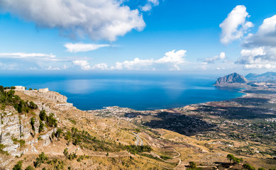 Panoramic view of mediterranean sea, coastline and Monte Cofano from Venus Castle of Erice, Sicily,...