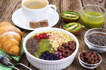 Espresso, croissant and fruit dessert for breakfast