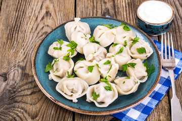 Russian cuisine. Homemade dumplings stuffed meat