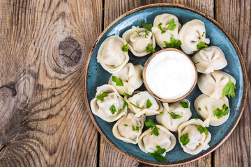 Russian cuisine. Homemade dumplings stuffed meat
