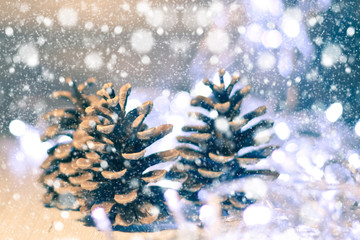 New Year's entourage, cones in Christmas lights on rustic background, selective focus, snowfall.