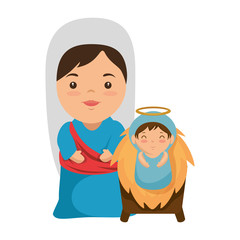cute virgin mary with jesus baby characters vector illustration design