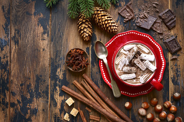 Warming hazelnut hot chocolate with mini marshmallow in a red cup.Top view with copy space.