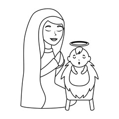 cute virgin mary with jesus baby characters vector illustration design