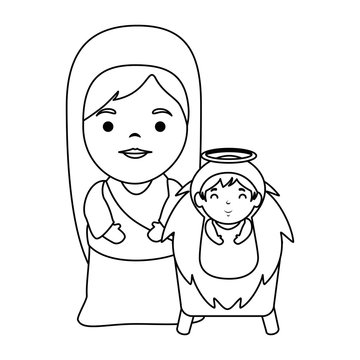 cute virgin mary with jesus baby characters vector illustration design