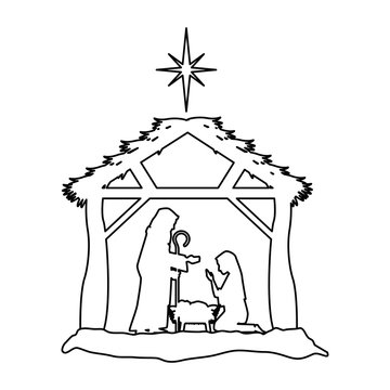 holy family silhouette in stable christmas characters vector illustration design