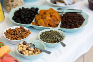 Hotel breakfast buffet closeup.