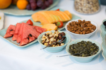 Hotel breakfast buffet closeup.