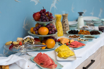 Hotel breakfast buffet closeup.