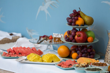 Hotel breakfast buffet closeup.
