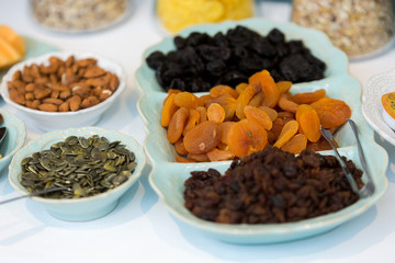Hotel breakfast buffet closeup.