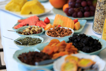 Hotel breakfast buffet closeup.