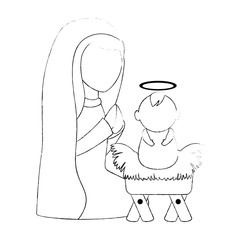 cute virgin mary with jesus baby characters vector illustration design