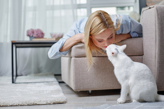 Quite girl lying on daybed and kissing domestic cat. Animal is sitting on floor