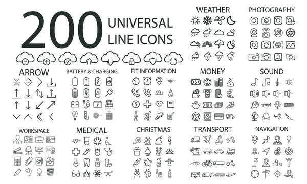 200  line icons set of weather, cloud, photography, arrow, battery and charging, fitness info, money, sound, workspace, medical, christmas, transport and navigation