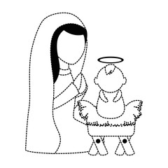 cute virgin mary with jesus baby characters vector illustration design