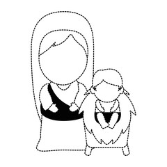 cute virgin mary with jesus baby characters vector illustration design