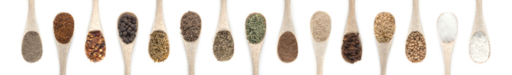 Spices Set in spoons isolated on white background. Top view.
