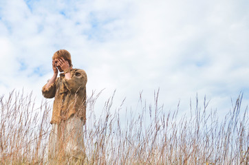 man dressed as a medieval peasant in the field