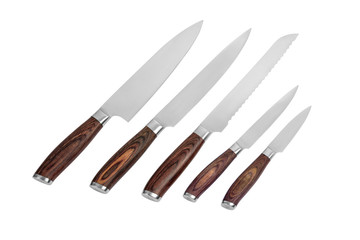 Set of kitchen knives on white background