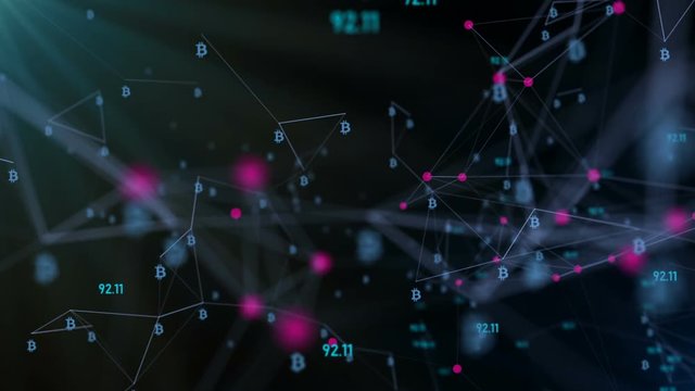 A static structure with a bitcoin logo and varying figures. rotation in a circle. plexus network cinematic business background. seamless loop.