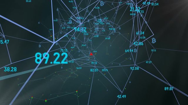 world economic model under the influence of factors, the logo bitcoin. rotation in a circle. plexus network cinematic business background. seamless loop.